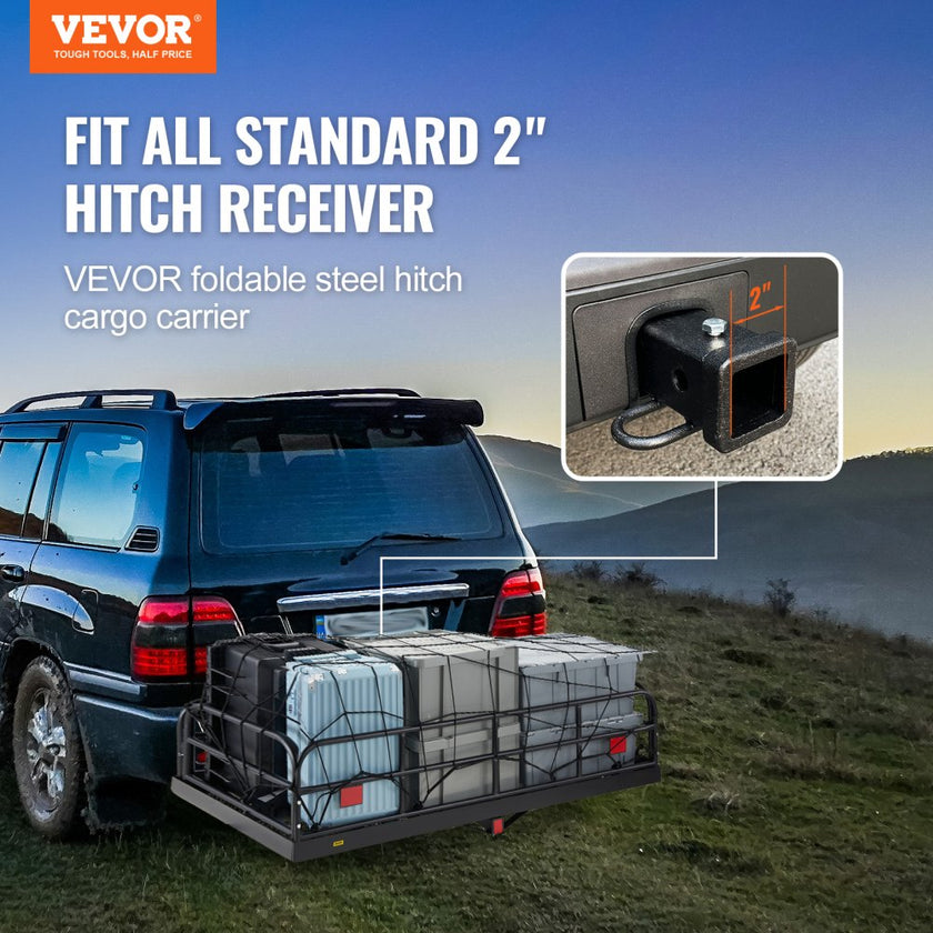 VEVOR Hitch Cargo Carrier, 60 x 24 x 14 in Folding Trailer Hitch Mounted Steel Cargo Basket, 400lbs Loading Capacity Luggage Carrier Rack with Stabilizer, Fits 2