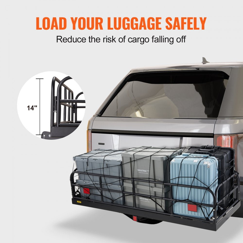 VEVOR Hitch Cargo Carrier, 60 x 24 x 14 in Folding Trailer Hitch Mounted Steel Cargo Basket, 400lbs Loading Capacity Luggage Carrier Rack with Stabilizer, Fits 2