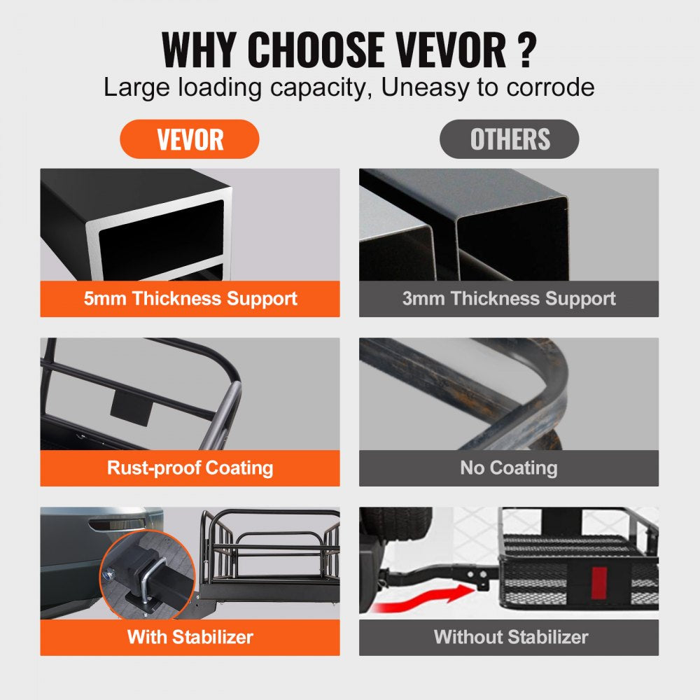 VEVOR Hitch Cargo Carrier, 60 x 24 x 14 in Folding Trailer Hitch Mounted Steel Cargo Basket, 400lbs Loading Capacity Luggage Carrier Rack with Stabilizer, Fits 2