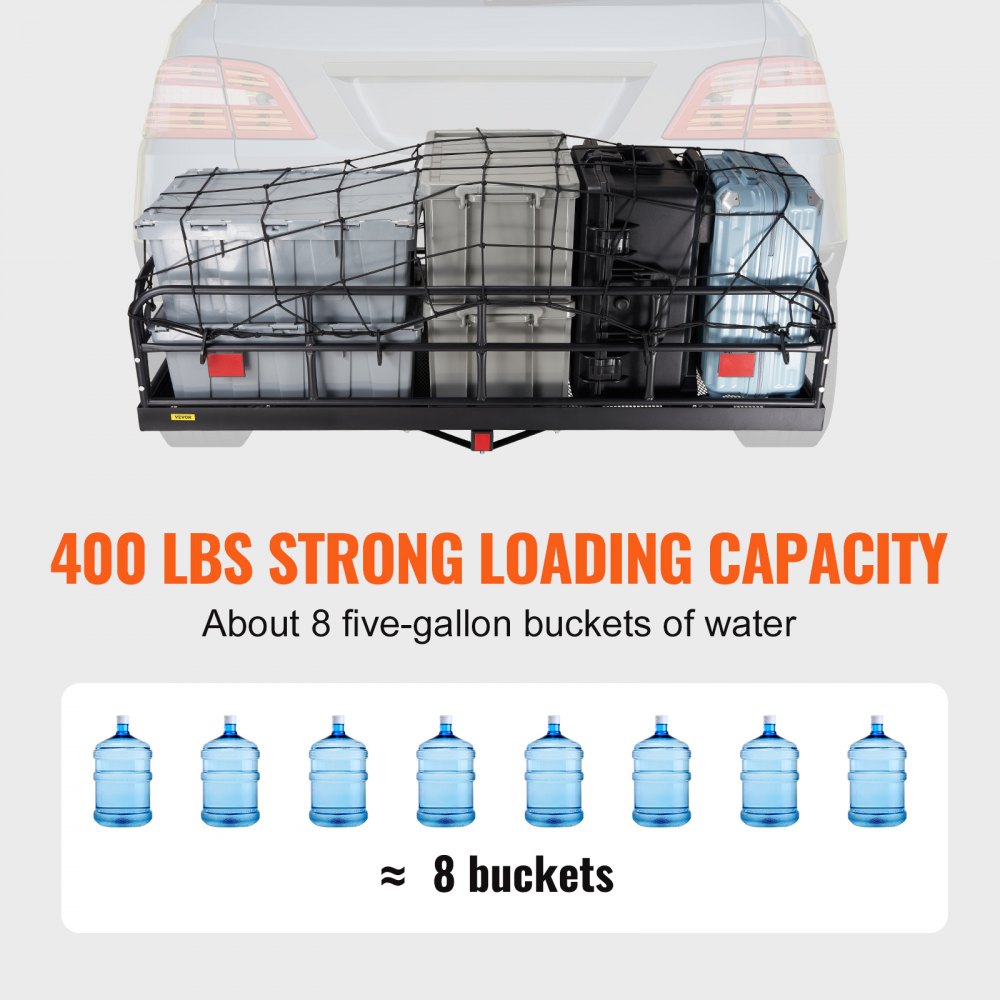 VEVOR Hitch Cargo Carrier, 60 x 24 x 14 in Folding Trailer Hitch Mounted Steel Cargo Basket, 400lbs Loading Capacity Luggage Carrier Rack with Stabilizer, Fits 2