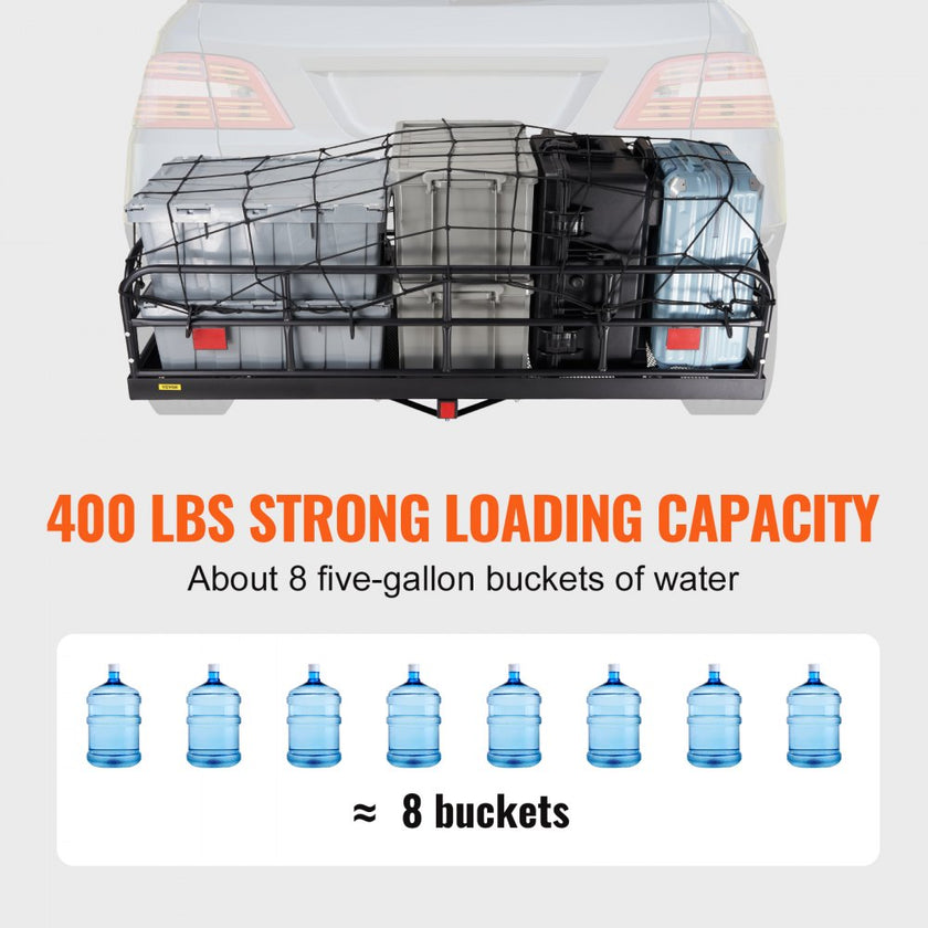VEVOR Hitch Cargo Carrier, 60 x 24 x 14 in Folding Trailer Hitch Mounted Steel Cargo Basket, 400lbs Loading Capacity Luggage Carrier Rack with Stabilizer, Fits 2