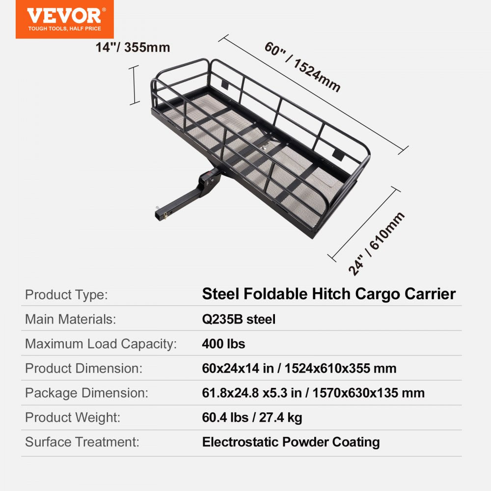 VEVOR Hitch Cargo Carrier, 60 x 24 x 14 in Folding Trailer Hitch Mounted Steel Cargo Basket, 400lbs Loading Capacity Luggage Carrier Rack with Stabilizer, Fits 2