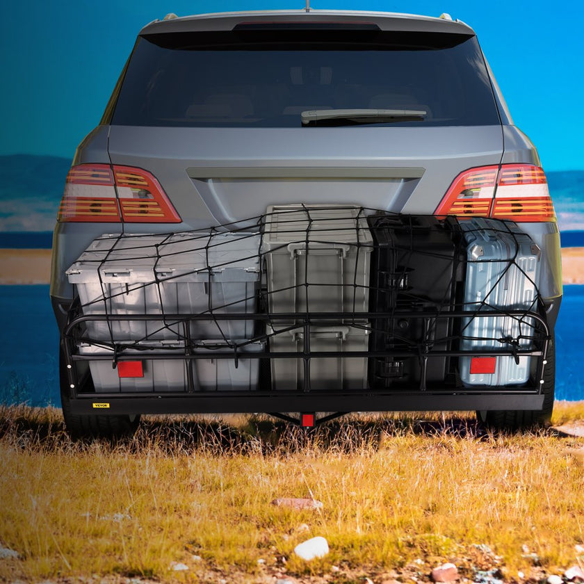 VEVOR Hitch Cargo Carrier, 60 x 24 x 14 in Folding Trailer Hitch Mounted Steel Cargo Basket, 400lbs Loading Capacity Luggage Carrier Rack with Stabilizer, Fits 2