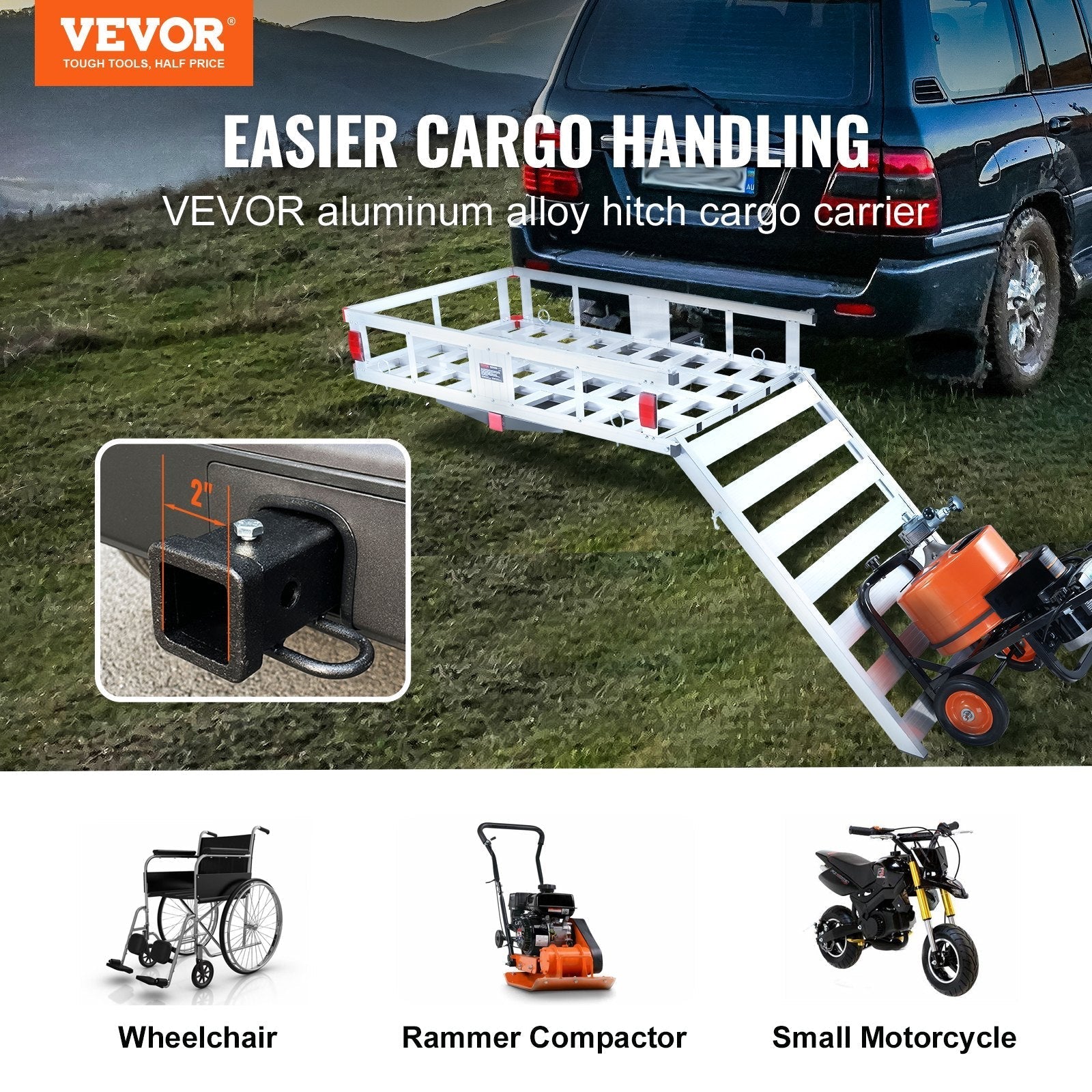VEVOR 50 x 29.5 x 8.7 in Hitch Cargo Carrier, 500lb Capacity Trailer Hitch Mount Aluminum Cargo Basket with Folding Ramp, Luggage Carrier Rack Fits 2