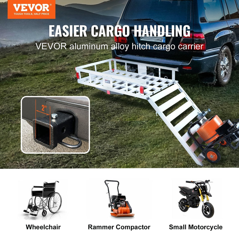 VEVOR 50 x 29.5 x 8.7 in Hitch Cargo Carrier, 500lb Capacity Trailer Hitch Mount Aluminum Cargo Basket with Folding Ramp, Luggage Carrier Rack Fits 2