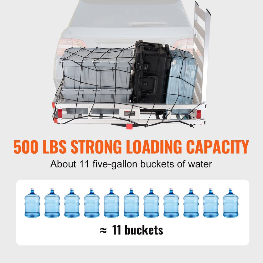 VEVOR 50 x 29.5 x 8.7 in Hitch Cargo Carrier, 500lb Capacity Trailer Hitch Mount Aluminum Cargo Basket with Folding Ramp, Luggage Carrier Rack Fits 2
