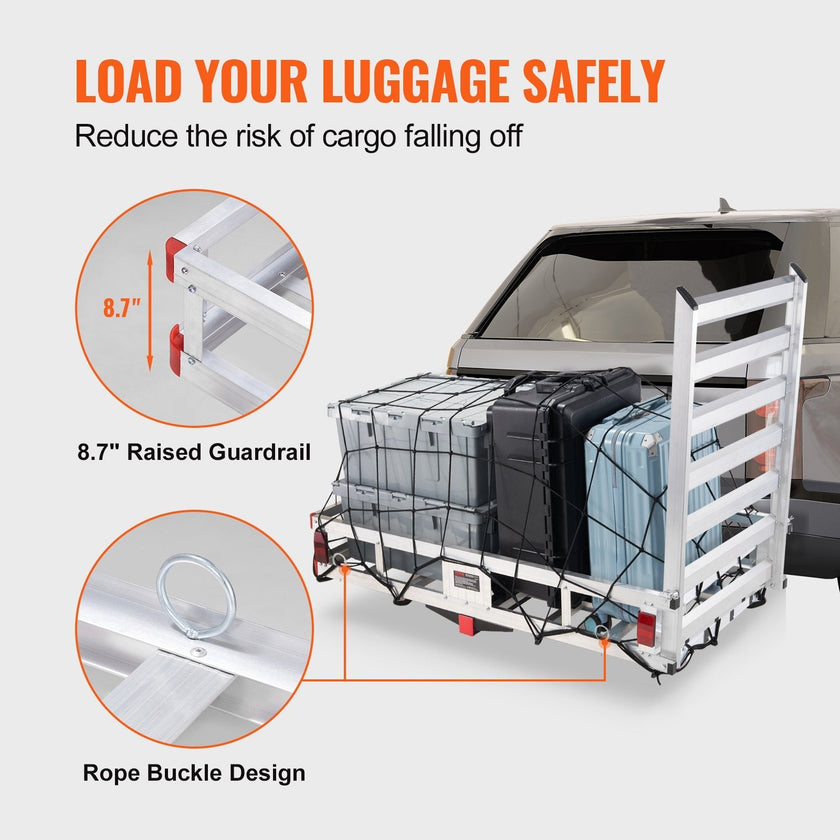 VEVOR 50 x 29.5 x 8.7 in Hitch Cargo Carrier, 500lb Capacity Trailer Hitch Mount Aluminum Cargo Basket with Folding Ramp, Luggage Carrier Rack Fits 2