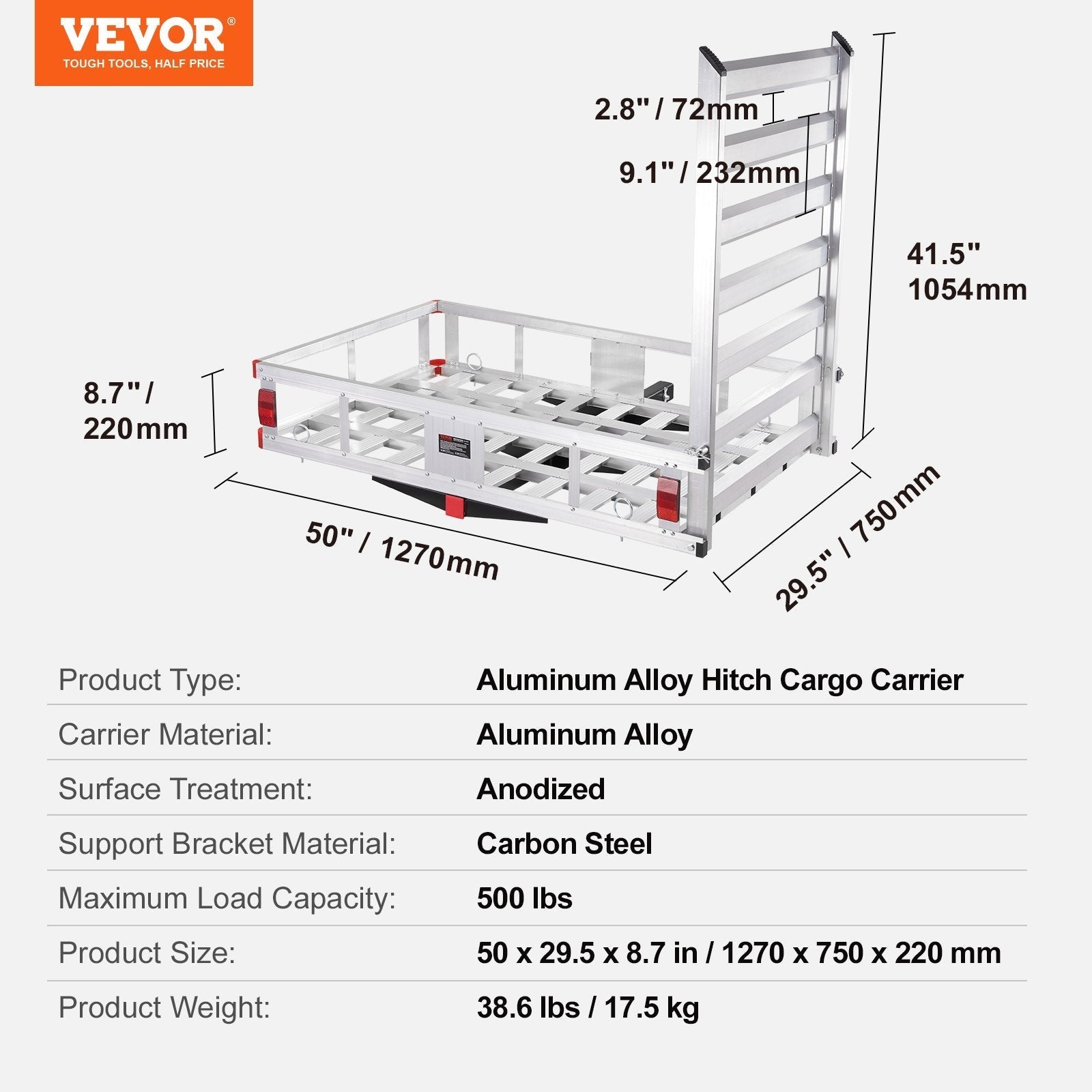 VEVOR 50 x 29.5 x 8.7 in Hitch Cargo Carrier, 500lb Capacity Trailer Hitch Mount Aluminum Cargo Basket with Folding Ramp, Luggage Carrier Rack Fits 2