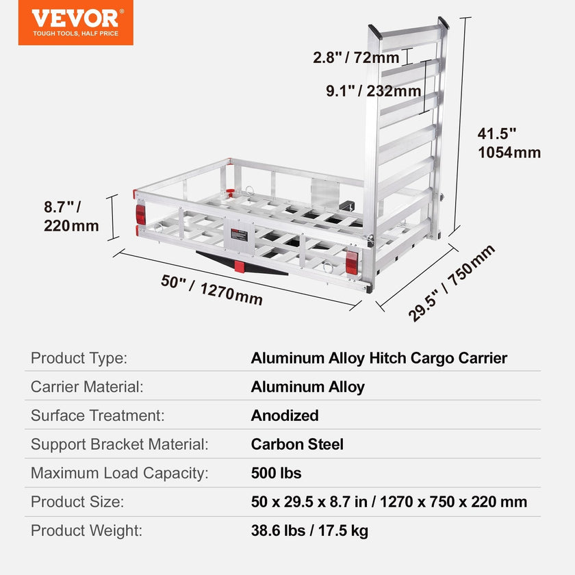 VEVOR 50 x 29.5 x 8.7 in Hitch Cargo Carrier, 500lb Capacity Trailer Hitch Mount Aluminum Cargo Basket with Folding Ramp, Luggage Carrier Rack Fits 2