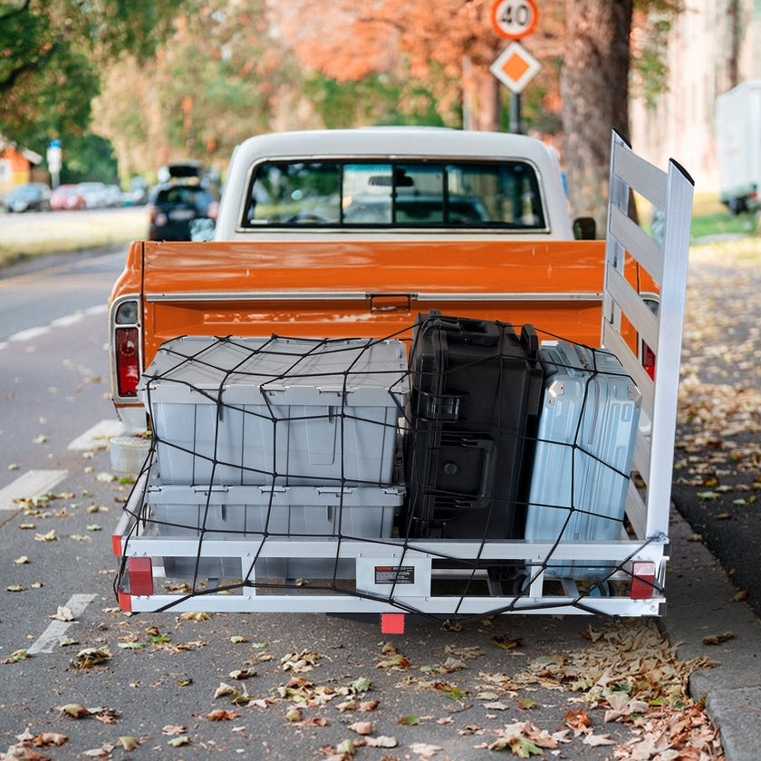 VEVOR 50 x 29.5 x 8.7 in Hitch Cargo Carrier, 500lb Capacity Trailer Hitch Mount Aluminum Cargo Basket with Folding Ramp, Luggage Carrier Rack Fits 2