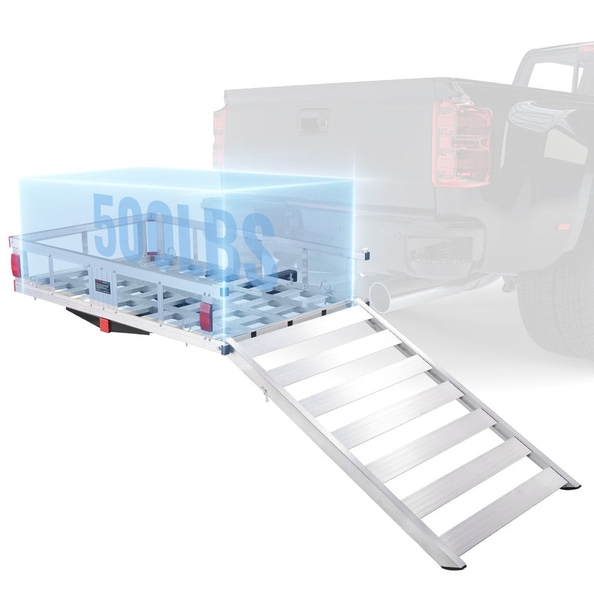 VEVOR 50 x 29.5 x 8.7 in Hitch Cargo Carrier, 500lb Capacity Trailer Hitch Mount Aluminum Cargo Basket with Folding Ramp, Luggage Carrier Rack Fits 2