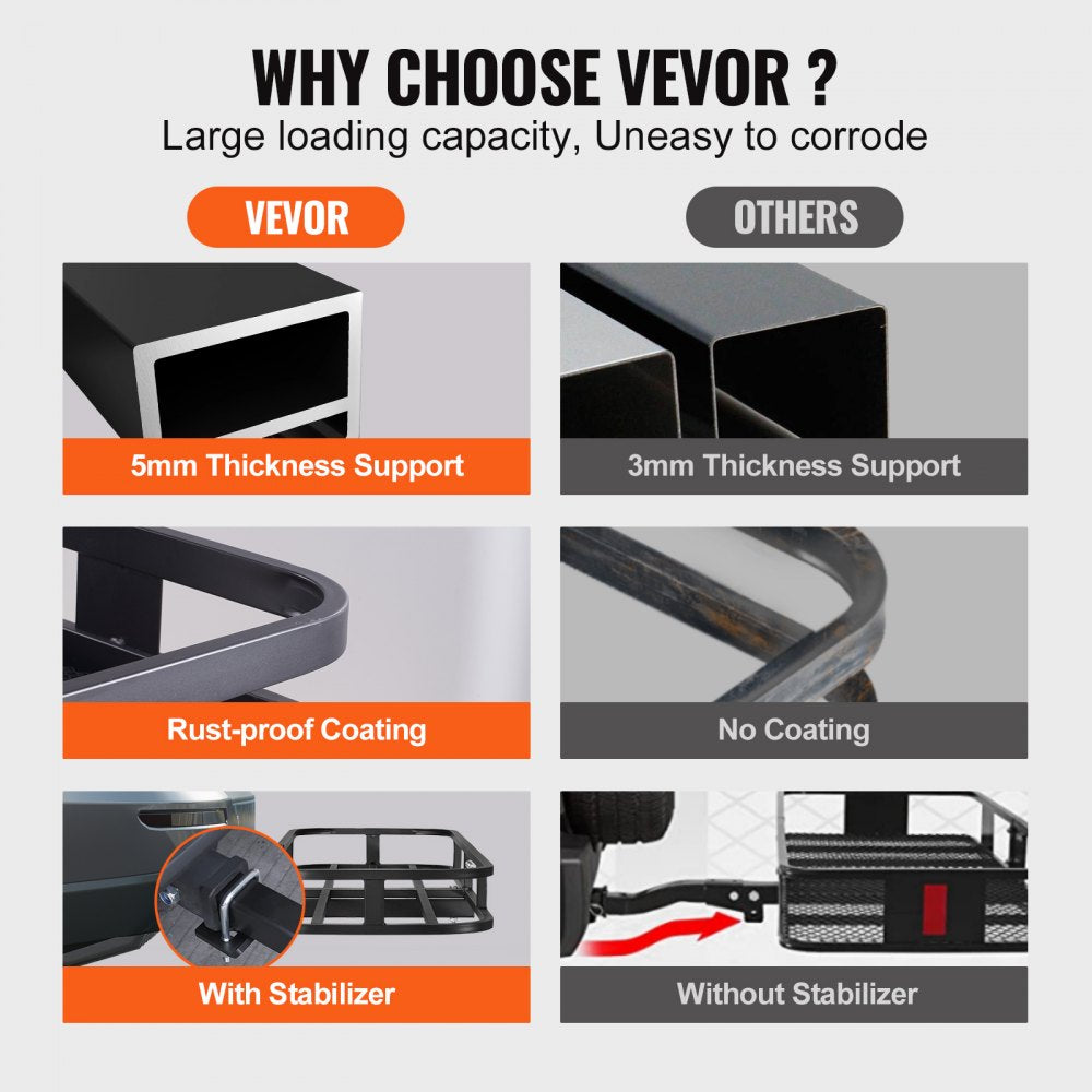 VEVOR 53 x 19 x 5 in Hitch Cargo Carrier, 500lb Capacity Trailer Hitch Mount Cargo Basket, Steel Luggage Carrier Rack Fits 2