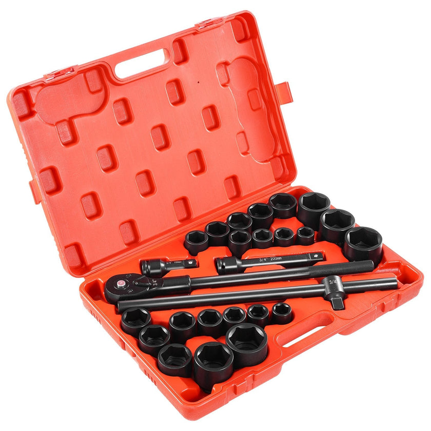 Impact Socket Set 3/4 Inches 27 Piece SAE 7/8 to 2 Inches and Metric 22 to 50 mm