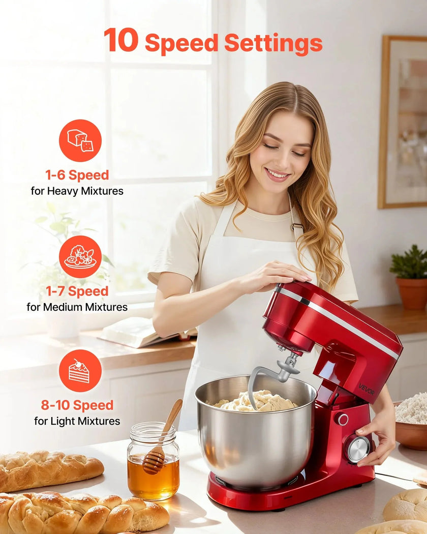 VEVOR Stand Mixer, 4.4 QT+6 QT Electric Kitchen Mixer, 300W Dough-Mixer, 10 Speeds Tilt-head Food-Mixer with Stainless Steel Bowls, Dough Hook, Whisk, Beater, for Baking, Mixing, Whipping & Kneading