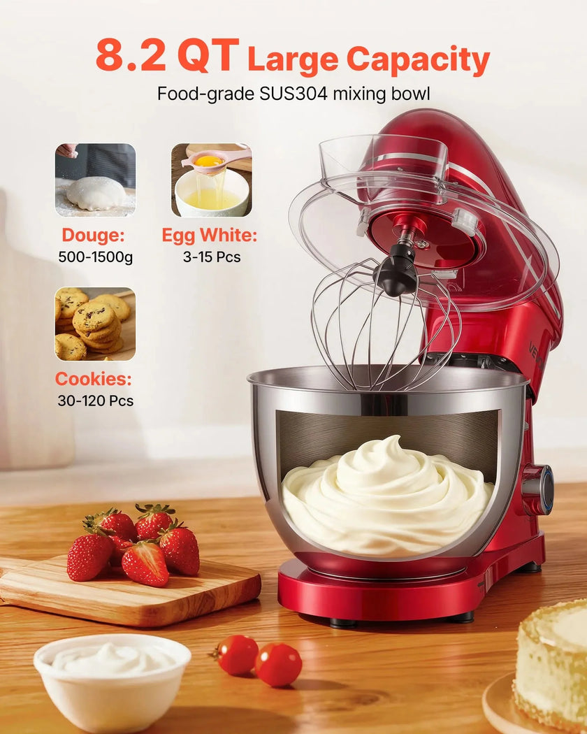 VEVOR Stand Mixer, 8.2 QT Electric Kitchen Mixer, 660W Dough-Mixer, 6 + Pulse Speeds Tilt-head Food-Mixer with Stainless Steel Bowl, Dough Hook, Whisk, Beater, for Baking, Mixing, Whipping & Kneading