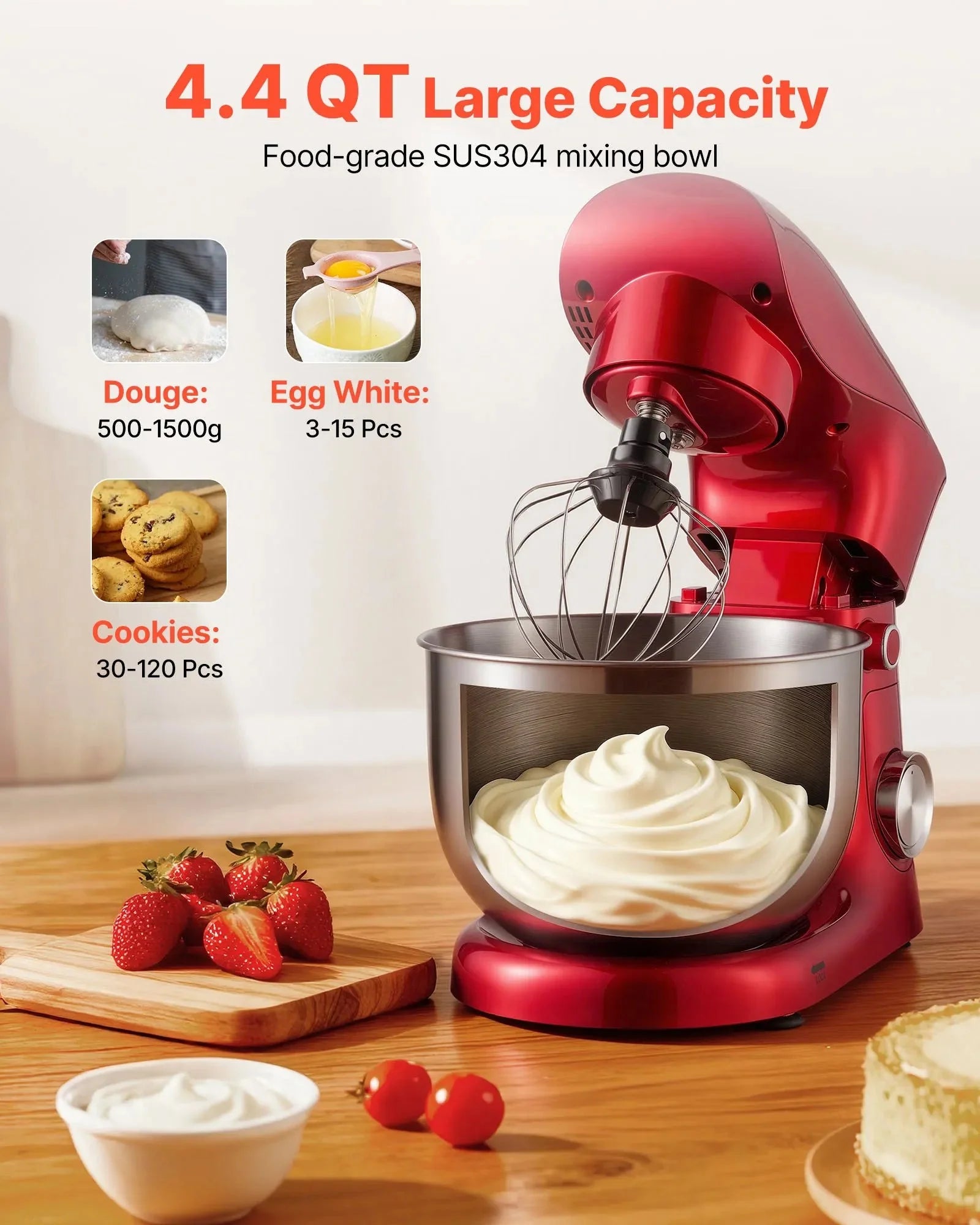 VEVOR Stand Mixer, 4.4 QT Electric Kitchen Mixer, 300W Dough-Mixer, 10 + Pulse Speeds Tilt-head Food-Mixer with Stainless Steel Bowl, Dough Hook, Whisk, Beater, for Baking, Mixing, Whipping & Kneading