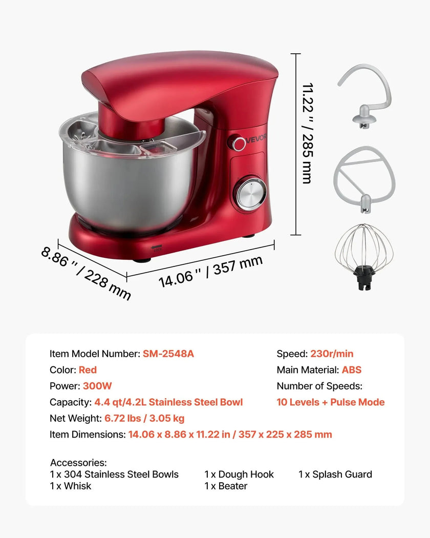 VEVOR Stand Mixer, 4.4 QT Electric Kitchen Mixer, 300W Dough-Mixer, 10 + Pulse Speeds Tilt-head Food-Mixer with Stainless Steel Bowl, Dough Hook, Whisk, Beater, for Baking, Mixing, Whipping & Kneading
