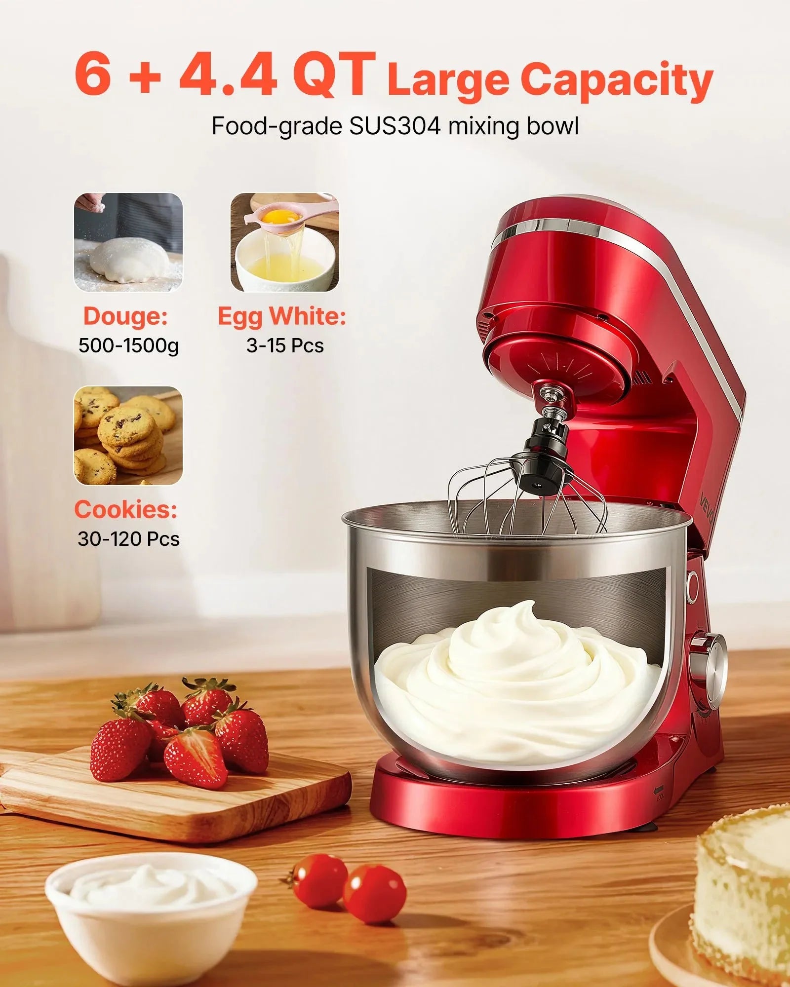 VEVOR Stand Mixer, 6 QT Electric Kitchen Mixer, 300W Dough-Mixer, 10 Speeds Tilt-head Food-Mixer with Stainless Steel Bowl, Dough Hook, Whisk, Beater, for Baking, Mixing, Whipping & Kneading, Red