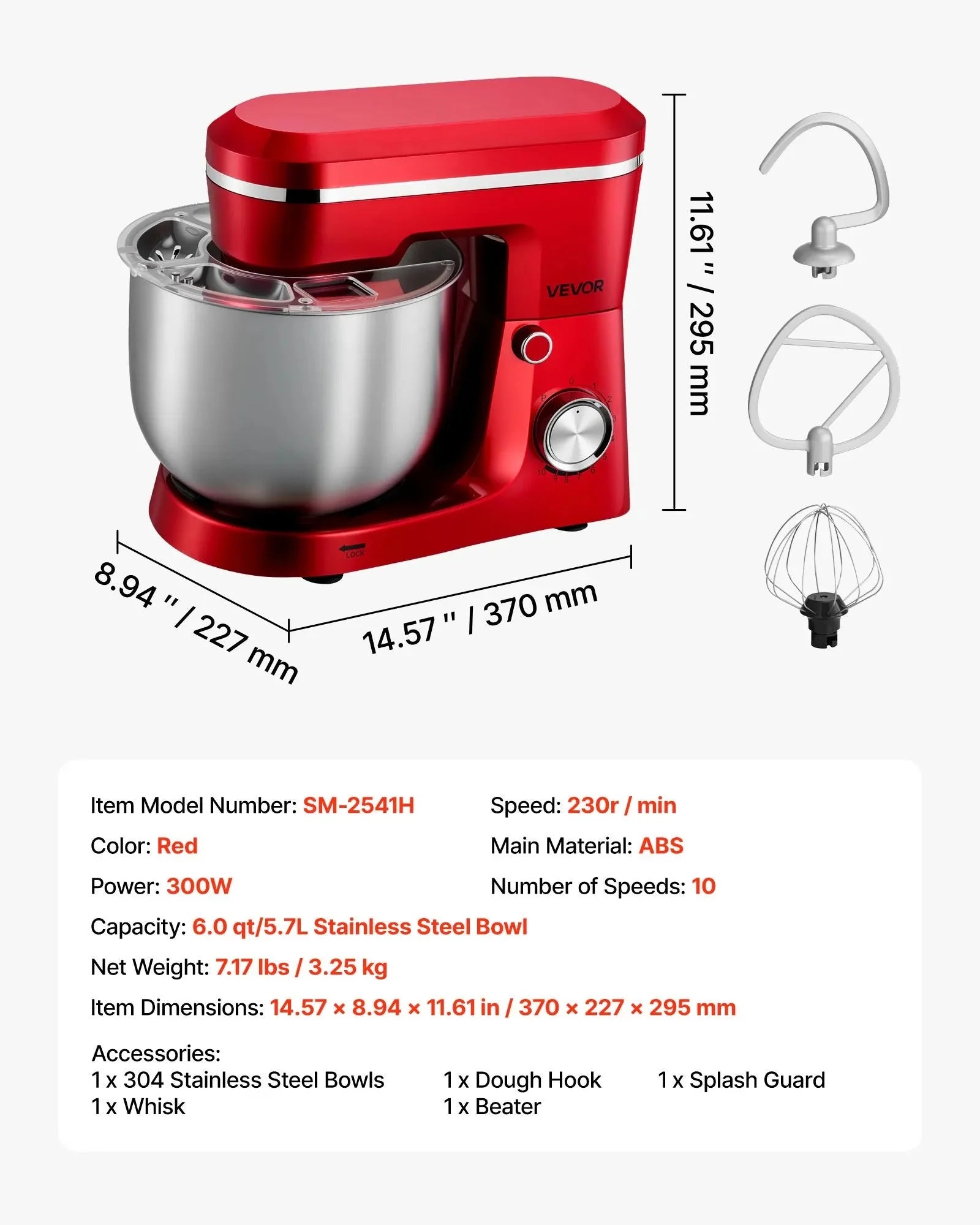 VEVOR Stand Mixer, 6 QT Electric Kitchen Mixer, 300W Dough-Mixer, 10 Speeds Tilt-head Food-Mixer with Stainless Steel Bowl, Dough Hook, Whisk, Beater, for Baking, Mixing, Whipping & Kneading, Red