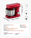 VEVOR Stand Mixer, 3 QT Electric Kitchen Mixer, 300W Dough-Mixer, 10 Speeds Tilt-head Food-Mixer with Stainless Steel Bowl, Dough Hook, Whisk, Beater, for Baking, Mixing, Whipping & Kneading, Red