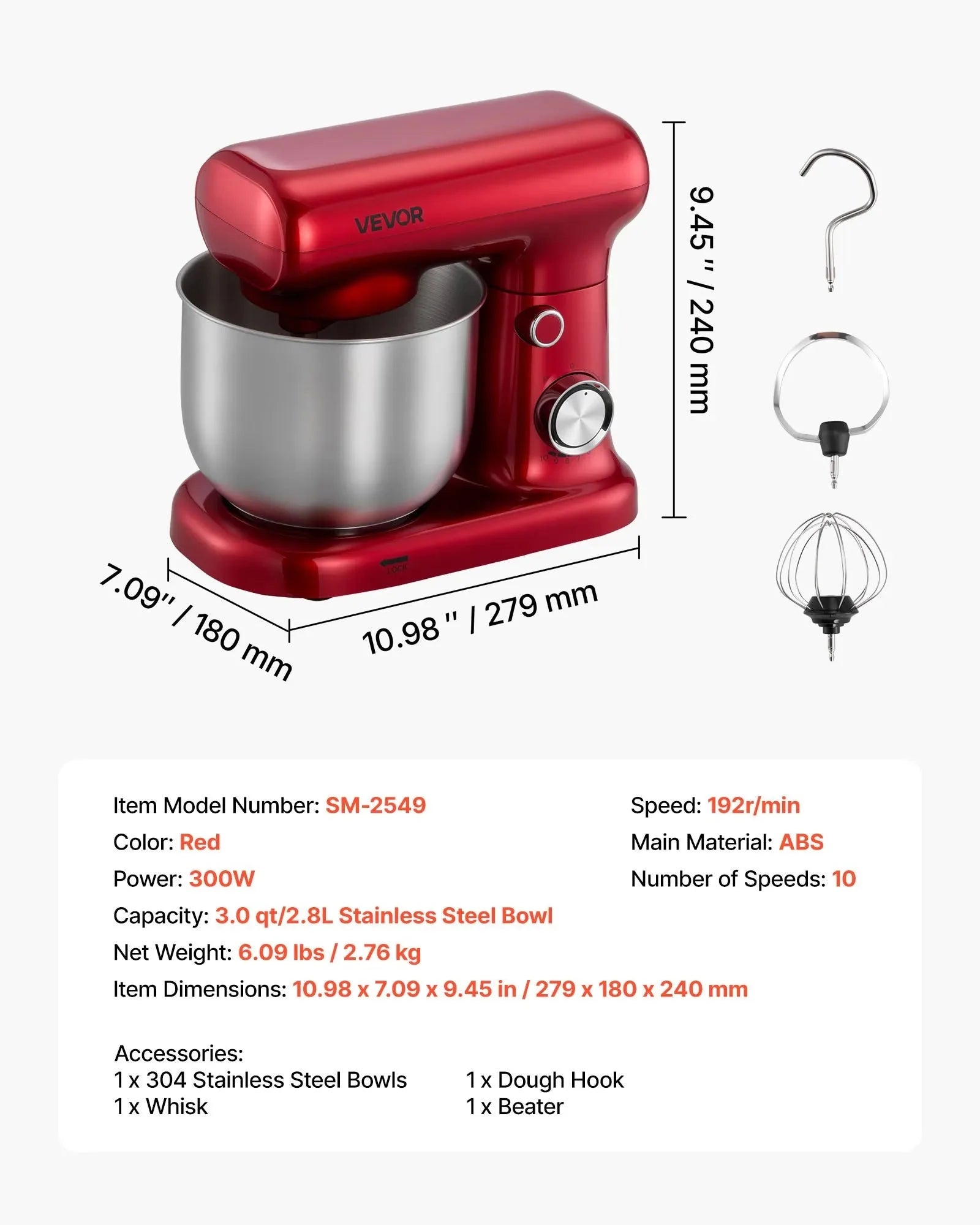 VEVOR Stand Mixer, 3 QT Electric Kitchen Mixer, 300W Dough-Mixer, 10 Speeds Tilt-head Food-Mixer with Stainless Steel Bowl, Dough Hook, Whisk, Beater, for Baking, Mixing, Whipping & Kneading, Red