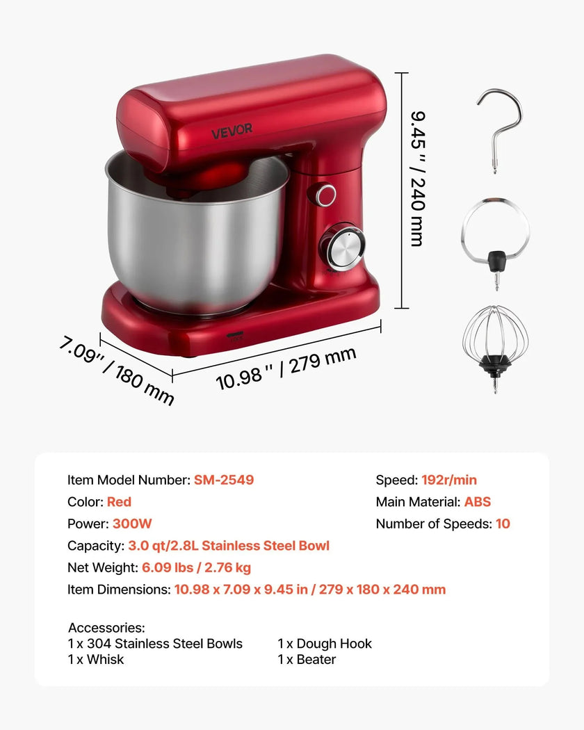 VEVOR Stand Mixer, 3 QT Electric Kitchen Mixer, 300W Dough-Mixer, 10 Speeds Tilt-head Food-Mixer with Stainless Steel Bowl, Dough Hook, Whisk, Beater, for Baking, Mixing, Whipping & Kneading, Red
