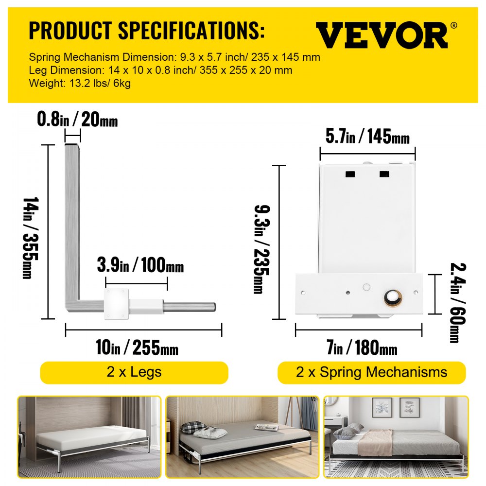 VEVOR DIY Murphy Bed Hardware Kit Horizontal Mounting Wall Bed Springs Mechanism Heavy Duty Bed Support Hardware DIY Kit for Queen Twin Size Bed