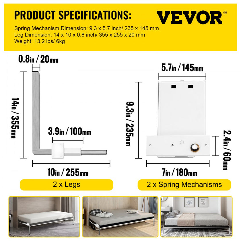 VEVOR DIY Murphy Bed Hardware Kit Horizontal Mounting Wall Bed Springs Mechanism Heavy Duty Bed Support Hardware DIY Kit for Queen Twin Size Bed