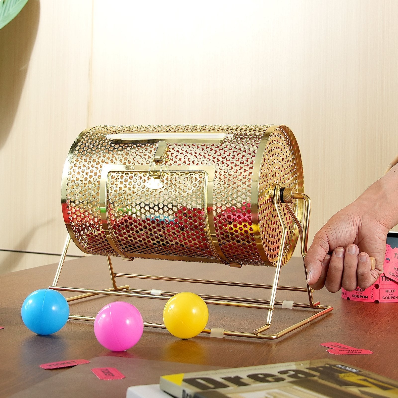 VEVOR Raffle Drum, 11.6 x Ø7.48 inch Brass Plated Raffle Ticket Spinning Cage, Holds 2500 Tickets or 100 Ping Pong Balls, Metal Lottery Spinning Drawing with Wooden Turning Handle, for Bingo Ballot Pa