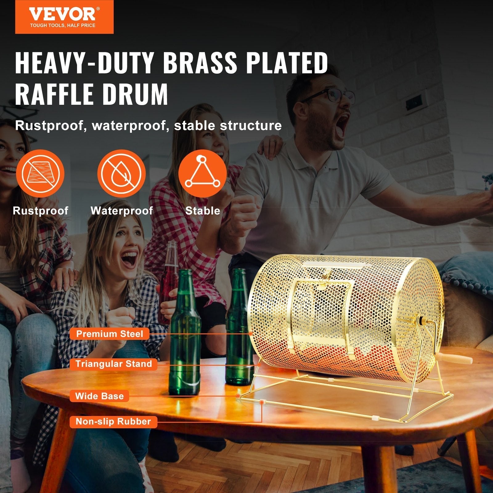 VEVOR Raffle Drum, 16.1 x Ø12 inch Brass Plated Raffle Ticket Spinning Cage, Holds 5000 Tickets or 200 Ping Pong Balls, Metal Lottery Spinning Drawing with Wooden Turning Handle, for Bingo Ballot Part