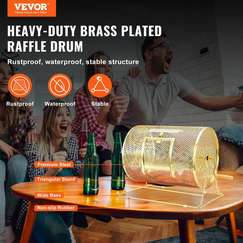 VEVOR Raffle Drum, 16.1 x Ø12 inch Brass Plated Raffle Ticket Spinning Cage, Holds 5000 Tickets or 200 Ping Pong Balls, Metal Lottery Spinning Drawing with Wooden Turning Handle, for Bingo Ballot Part