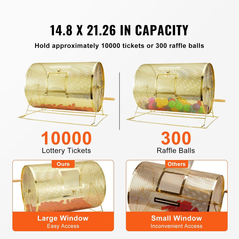 VEVOR Raffle Drum, 14.8 x Ø21.26 inch Brass Plated Raffle Ticket Spinning Cage, Holds 10000 Tickets or 300 Ping Pong Balls, Metal Lottery Spinning Drawing with Wooden Turning Handle, for Bingo Ballot