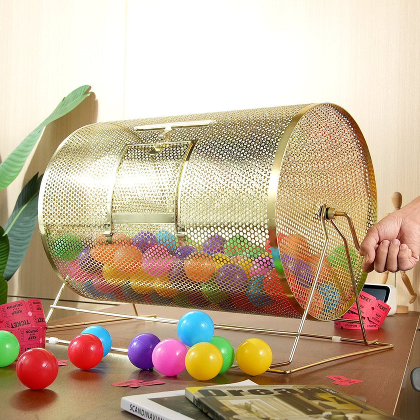 VEVOR Raffle Drum, 14.8 x Ø21.26 inch Brass Plated Raffle Ticket Spinning Cage, Holds 10000 Tickets or 300 Ping Pong Balls, Metal Lottery Spinning Drawing with Wooden Turning Handle, for Bingo Ballot