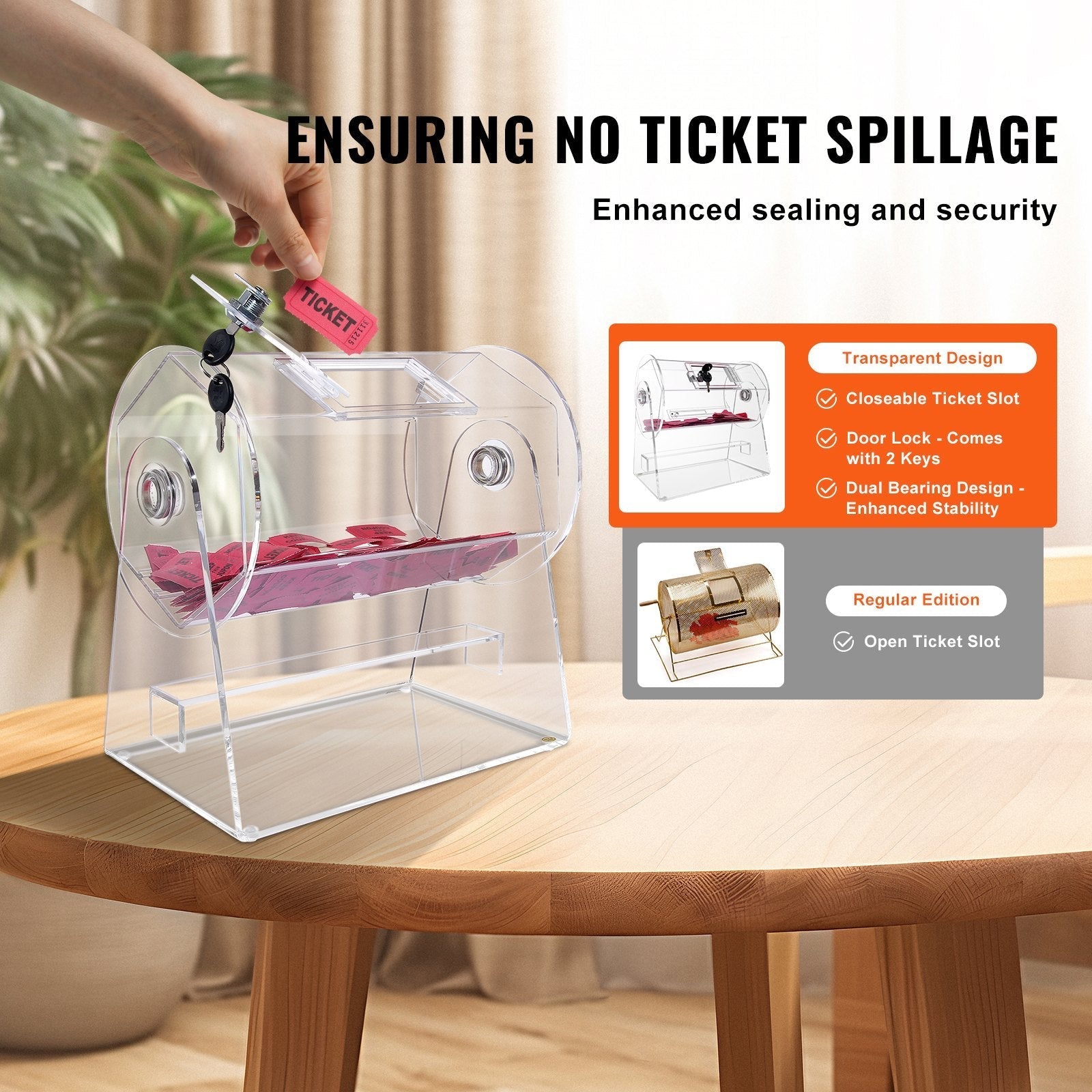 VEVOR Acrylic Raffle Drum, Holds 2500 Tickets or 100 Raffle Balls, Professional Raffle Ticket Spinning Cage with 2 Keys, Transparent Lottery Spinning Drawing, Raffle Ticket Box for Lottery Games Bingo