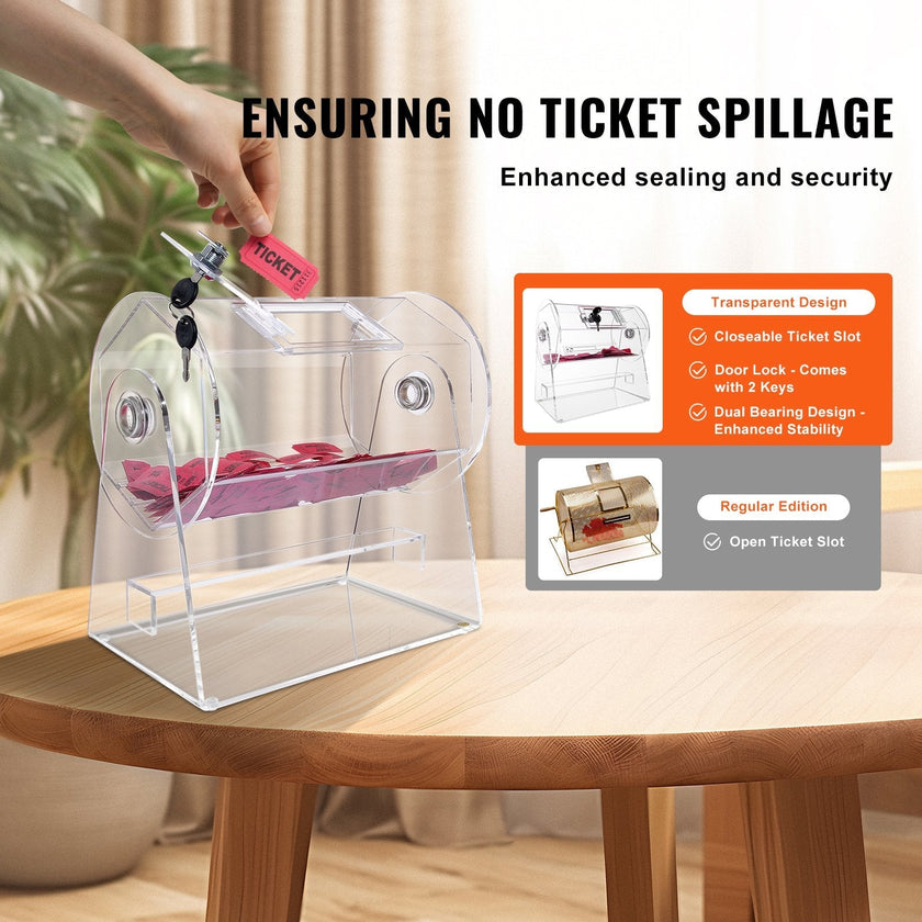 VEVOR Acrylic Raffle Drum, Holds 2500 Tickets or 100 Raffle Balls, Professional Raffle Ticket Spinning Cage with 2 Keys, Transparent Lottery Spinning Drawing, Raffle Ticket Box for Lottery Games Bingo