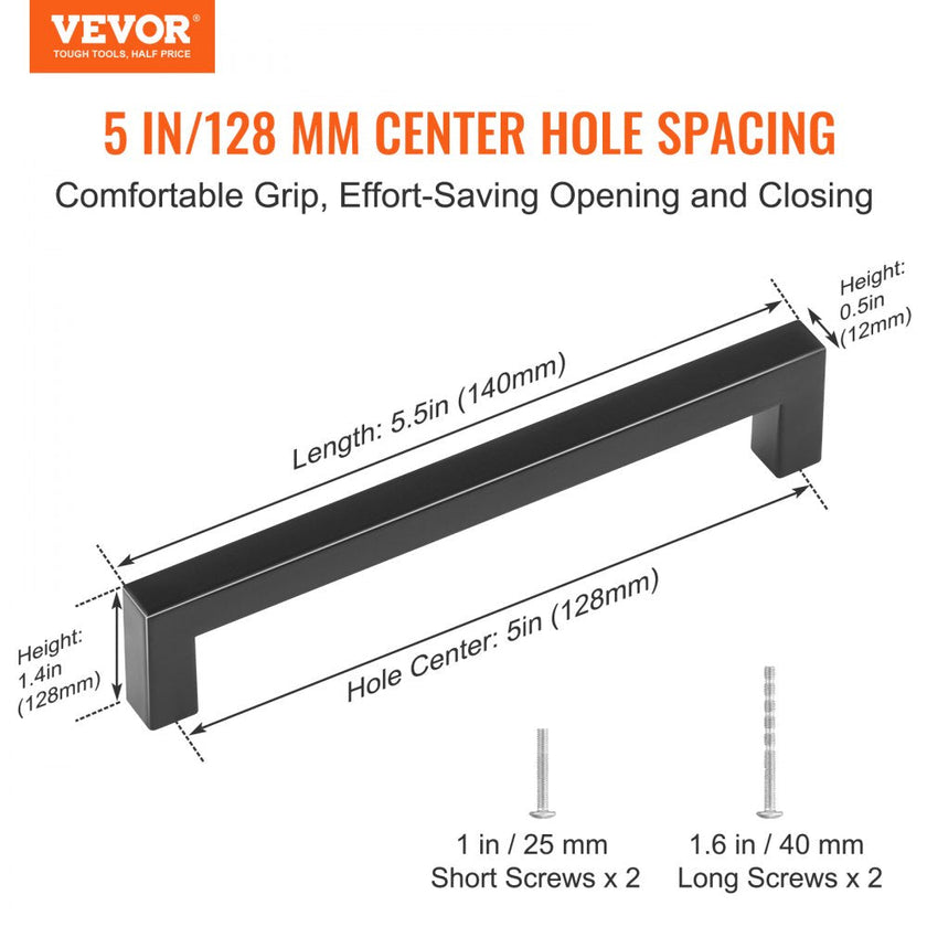 VEVOR 10 Pack Cabinet Pulls, 5.03in / 128mm Center to Center Slim Square Kitchen Cabinet Drawer, Stainless Steel Modern Kitchen Cupboard Door Handles for Kitchen Bathroom Bar Hardware Matte Black