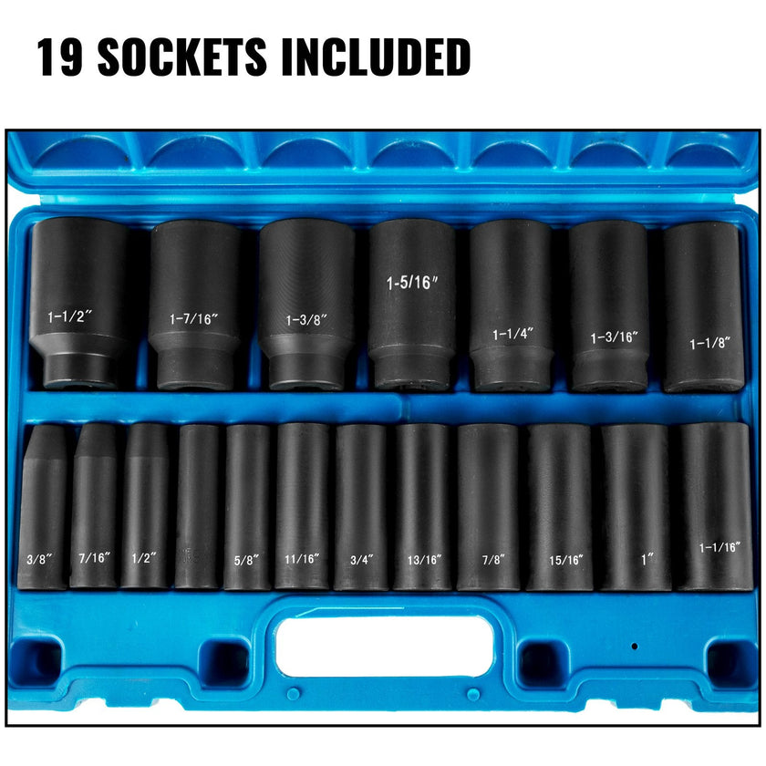 VEVOR Impact Socket Set 1/2 Inches 19 Piece Impact Sockets, Deep Socket, 6-Point Sockets, Rugged Construction, Cr-V, 1/2 Inches Drive Socket Set Impact 3/8 inch - 1-1/2 inch, with a Storage Cage