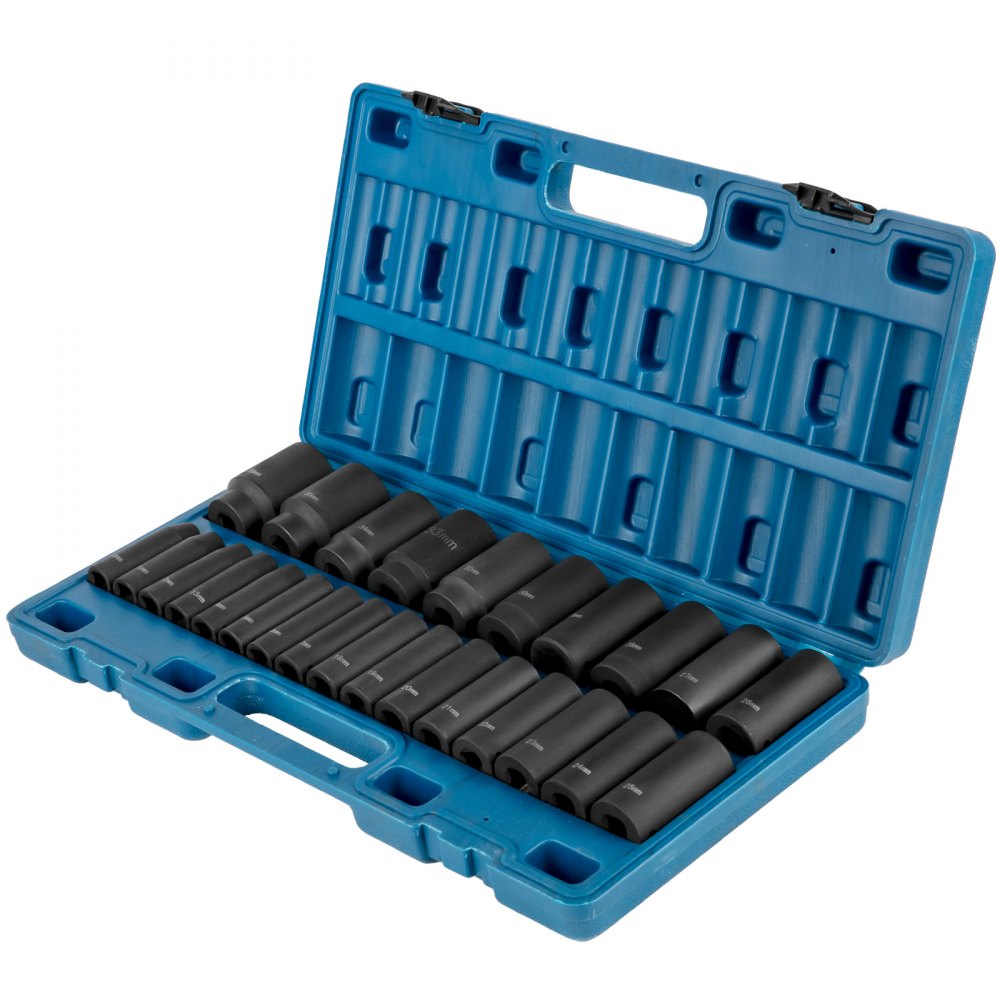 VEVOR Impact Socket Set 1/2 Inches 26 Piece Impact Sockets, Deep Socket, 6-Point Sockets, Rugged Construction, Cr-V, 1/2 Inches Drive Socket Set Impact Metric 10mm - 36mm, with a Storage Cage