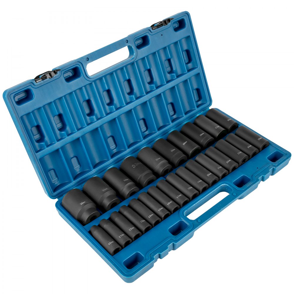 VEVOR Impact Socket Set 1/2 Inches 26 Piece Impact Sockets, Deep Socket, 6-Point Sockets, Rugged Construction, Cr-V, 1/2 Inches Drive Socket Set Impact Metric 10mm - 36mm, with a Storage Cage