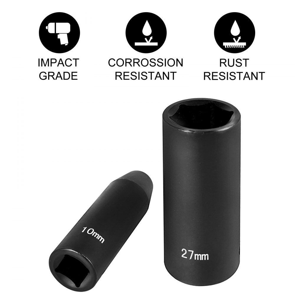 VEVOR Impact Socket Set 1/2 Inches 26 Piece Impact Sockets, Deep Socket, 6-Point Sockets, Rugged Construction, Cr-V, 1/2 Inches Drive Socket Set Impact Metric 10mm - 36mm, with a Storage Cage