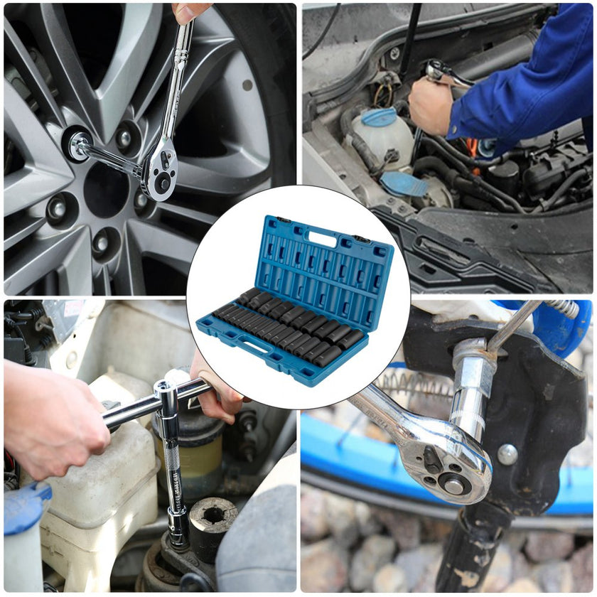 VEVOR Impact Socket Set 1/2 Inches 26 Piece Impact Sockets, Deep Socket, 6-Point Sockets, Rugged Construction, Cr-V, 1/2 Inches Drive Socket Set Impact Metric 10mm - 36mm, with a Storage Cage