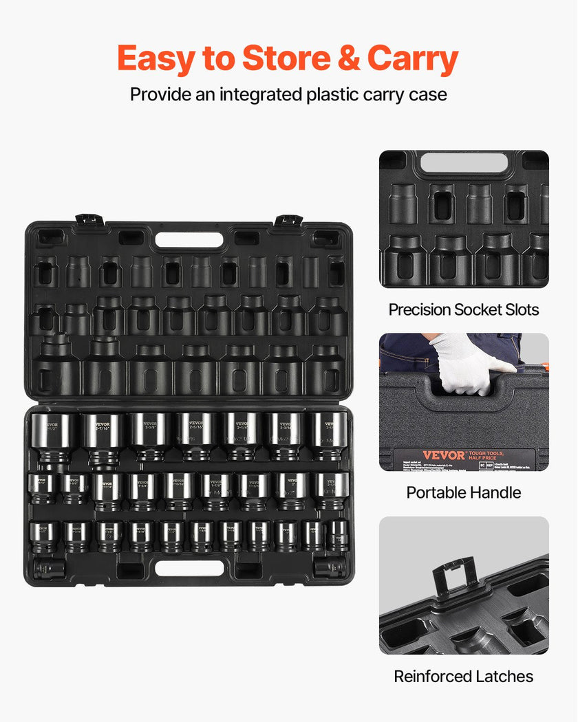 VEVOR Impact Socket Set 3/4 Inches 29 Piece Impact Sockets, 6-Point Sockets, Rugged Construction, CR-M0, 3/4 Inches Drive Socket Set Impact SAE 3/4 inch - 2-1/2 inch, with a Storage Cage
