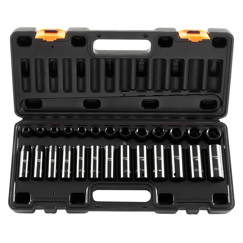 VEVOR Impact Socket Set 3/8 Inches 26 Piece Impact Sockets, Deep / Standard Socket, 6-Point Sockets, Rugged Construction, Cr-V Socket Set Impact Metric 7mm -19mm, with a Storage Cage