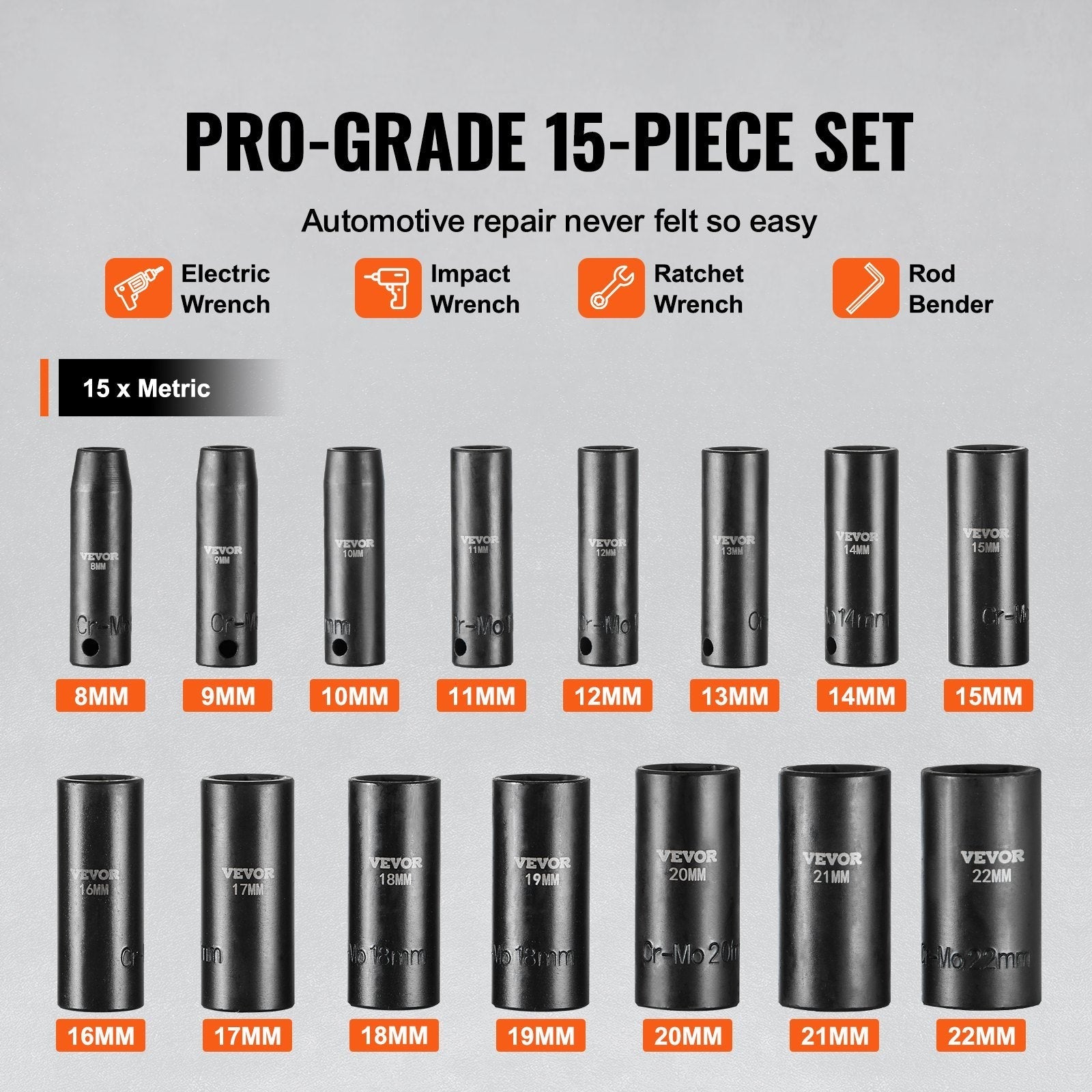 VEVOR Impact Sockets Set 15pcs 6-Point 3/8in Drive Bit Ratchet Tool Kit Case