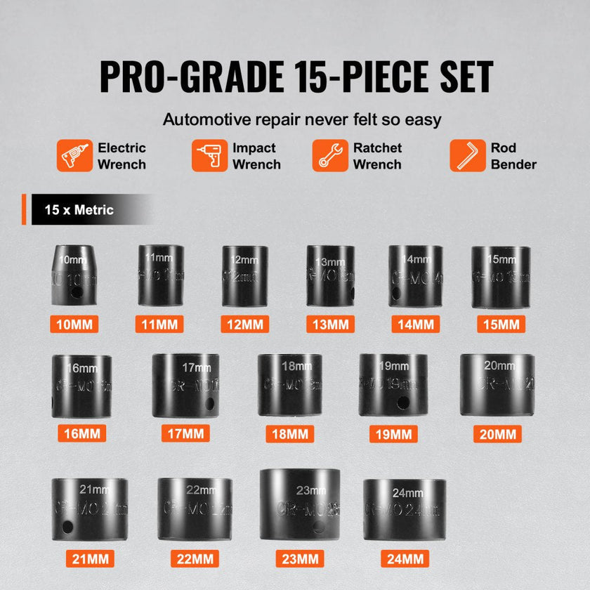 VEVOR Impact Sockets Set 15pcs 6-Point 3/8