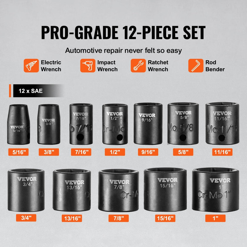 VEVOR Impact Sockets Set 12pcs 6-Point 3/8in Drive Bit Ratchet Tool Kit Case