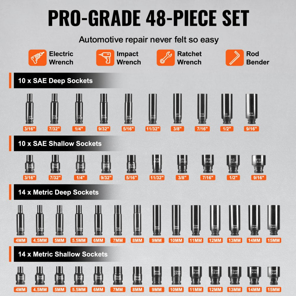 VEVOR Impact Sockets Set 48pcs 6-Point 1/4