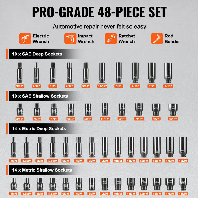 VEVOR Impact Sockets Set 48pcs 6-Point 1/4