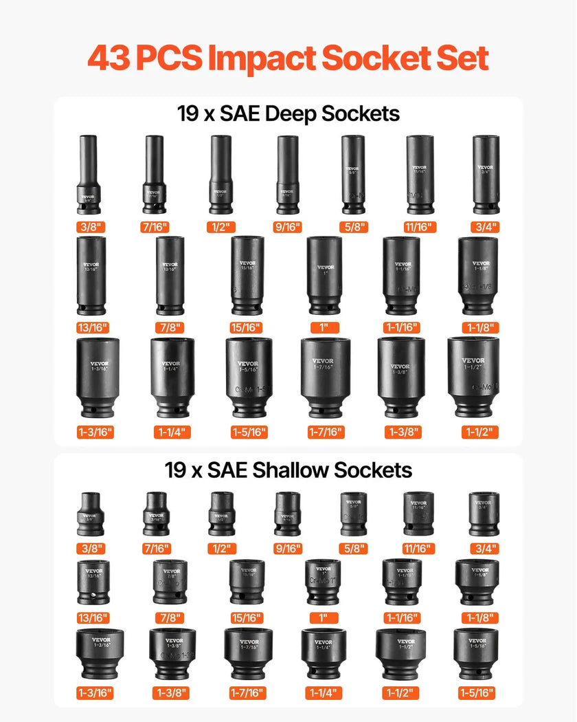 VEVOR Impact Sockets Set 43pcs 6-Point 1/2in Drive Bit Ratchet Tool Kit Case