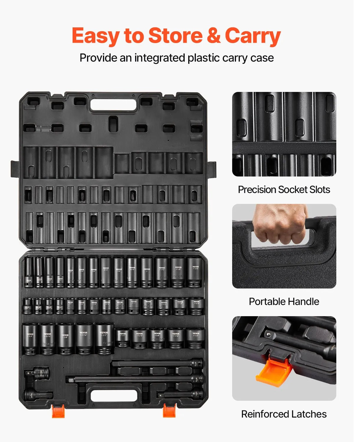 VEVOR Impact Sockets Set 43pcs 6-Point 1/2in Drive Bit Ratchet Tool Kit Case